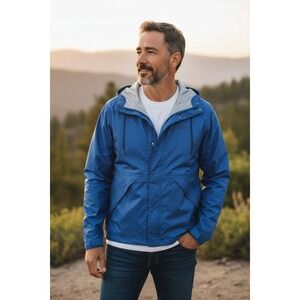 REI Mens XL Blue Hooded Lightweight Rain Jacket Water Resistant Outdoor Gear